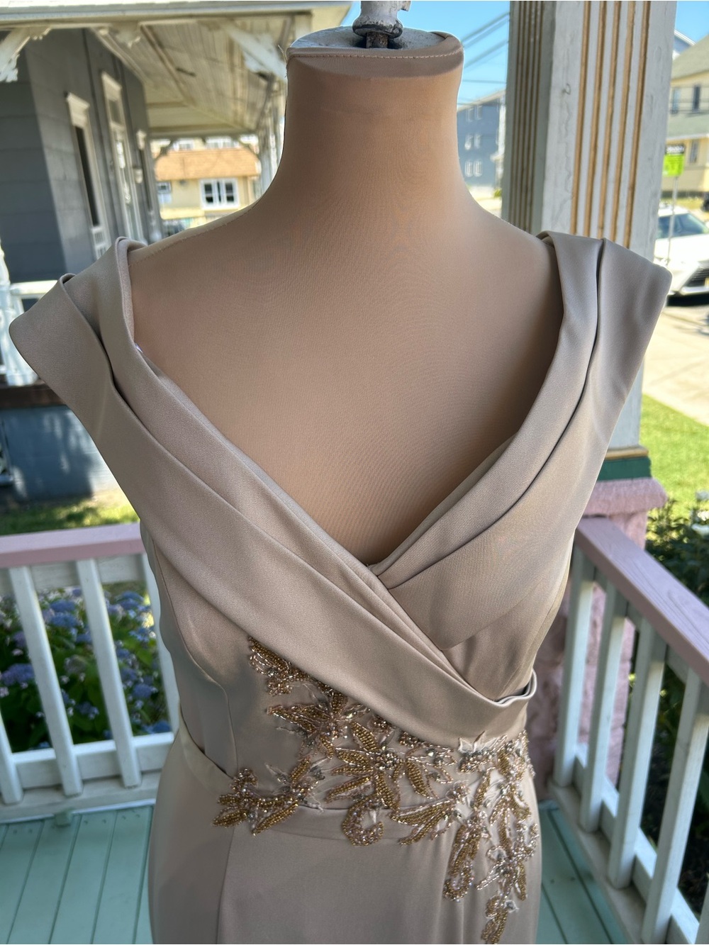 Mon Cheri Champagne Satin Embellished Maxi Dress - Picture 5 of 7